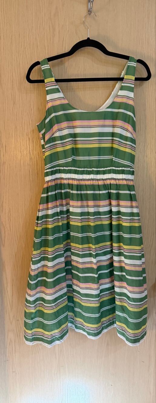 Boden Green Pink Striped Cotton Midi Dress US 6 Sleeveless Fit Flare
